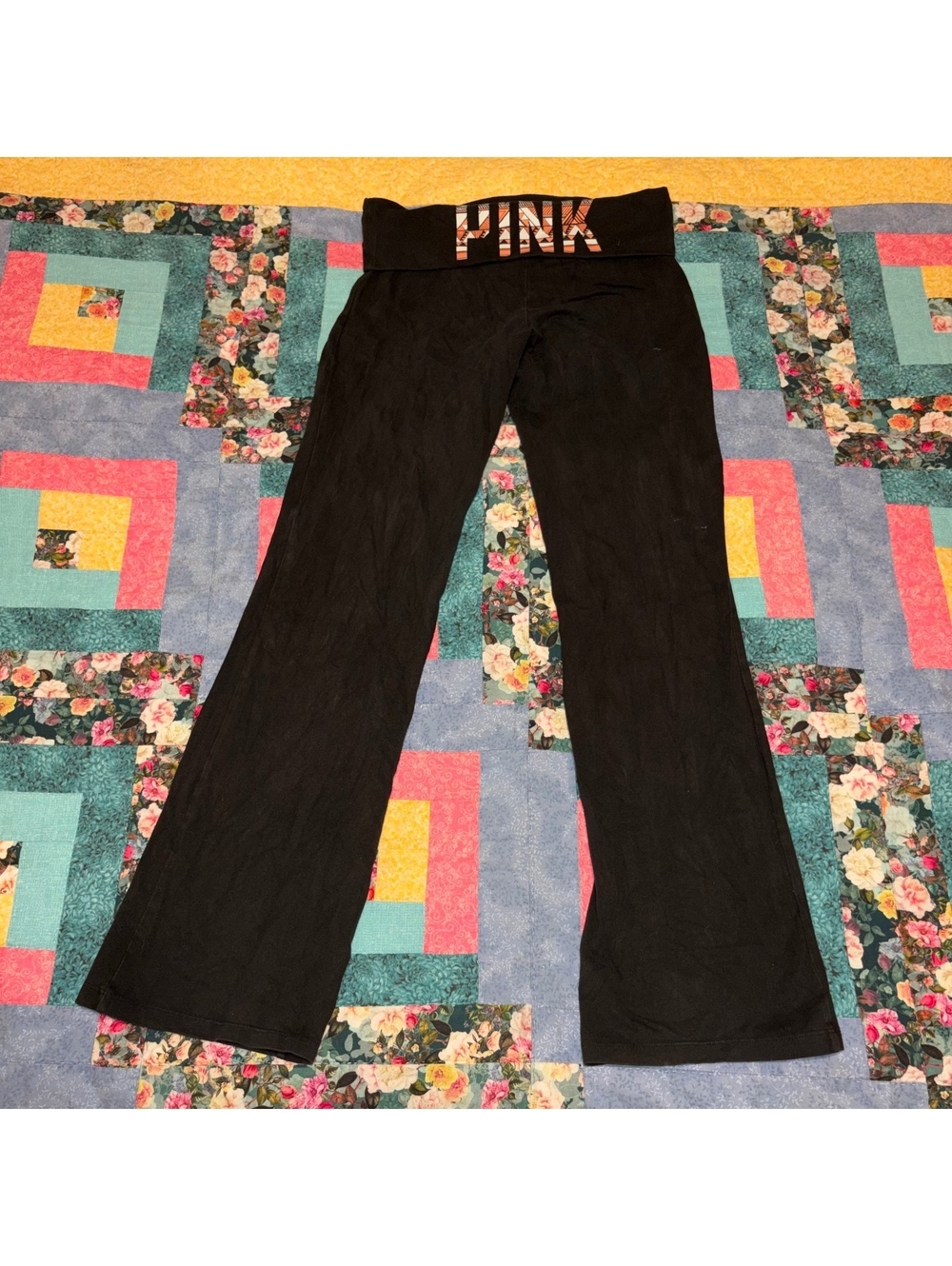 Vintage Y2K Victoria's Secret PINK Foldover Yoga Black Bootcut Pants Woman’s Med